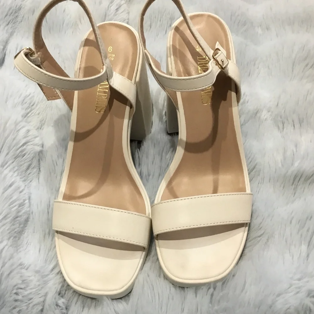 Women's Cream Block Heel Ankle-Strap Sandals